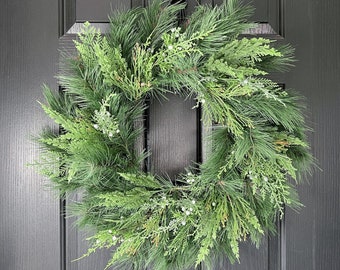 Mixed Pine and Juniper Wreath for Front Door, Winter Greenery Wreath, Christmas Pine Wreath, Christmas Greenery Wreath, Basic Pine Wreath