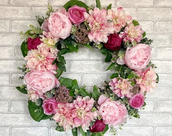 Floral Wreath For Front Door with Pink Peonies, Dahlias, Roses and Eucalyptus, Large Colorful Wreath for Spring and Summer, 28 inches