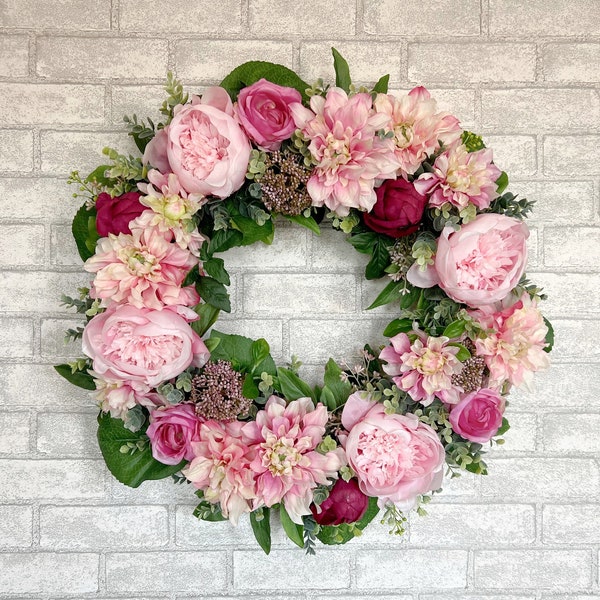 Floral Wreath For Front Door with Pink Peonies, Dahlias, Roses and Eucalyptus, Large Colorful Wreath for Spring and Summer, 28 inches