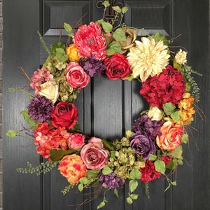 Jewel Tone Floral Wreath For Front Door, Large Floral Wreath, Year Round, Spring or Summer Floral Wreath, Large Wreath, Colorful Wreath