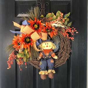 Scarecrow Wreath For Front Door, Fall Wreath For Front Door, Fall Sunflower Wreath, Large Fall Wreath, Large Autumn Wreath image 1