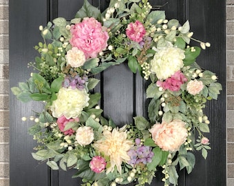 Spring Wreaths For Front Door, Spring Floral Wreath, Spring Greenery Wreath, Large Spring Wreath, Pastel Colors, Pink, Purple