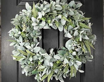 Lambs Ear & Eucalyptus Wreath, Large Spring Wreath for Front Door, Year Round Greenery Wreath, All Season Fireplace Wreath