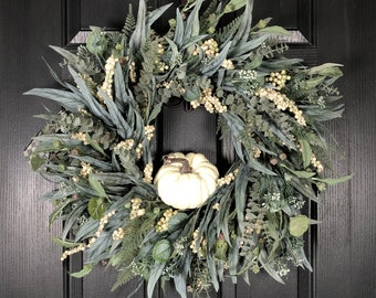 Fall Eucalyptus Wreath with Berries and White Pumpkin, Large Wreath for Front Door
