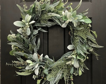 Year Round Eucalyptus & Lambs Ear Wreath, All Season Wreath, Large Wreath for Front Door, Large Fireplace Wreath, Extra Large Wreath