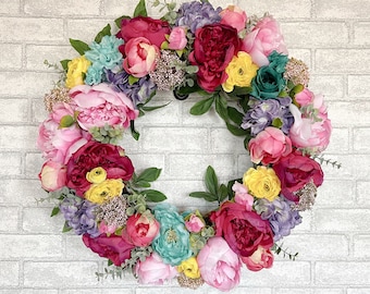 Floral Wreath For Front Door with Colorful Peonies, Hydrangeas, and Ranunculus, Large Multi-Color Wreath for Spring and Summer, 28 inches