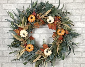 Fall Greenery Wreath with Pumpkins, Autumn Eucalyptus Wreath, Fall Eucalyptus Wreath, Fall Foliage Wreath, Fall Wreath For Front Door, Large