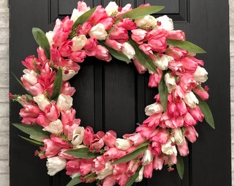 Spring Tulip Wreath for Front Door, Large Door Wreath, Summer Wreath for Front Door, Colorful Wreath, Large Tulips, Pink, White