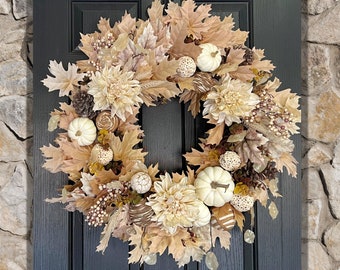 Large Fall Wreath for Front Door - Outdoor Wreath - Fireplace Wreath - Door Wreath - Maple Leaves, Florals and Pumpkins - Neutral Colors