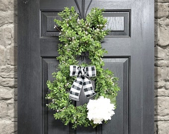 Easter Front Door Wreath, Spring Door Wreath, Boxwood Greenery Wreath, Easter Bunny Wreath