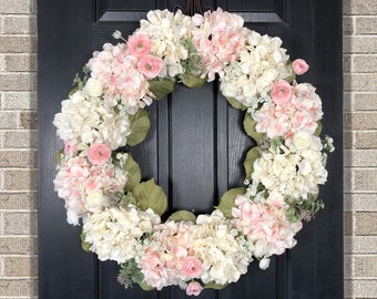 Hydrangea Wreath, Large Spring Wreath for Front Door, Pink and Off-White Hydrangeas, Ranunculus and Greenery - Wedding Decorations - Bridal