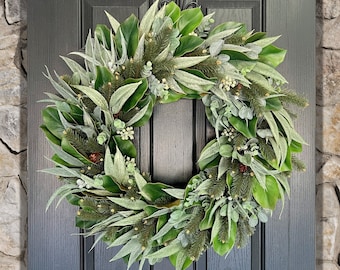 Winter Greenery Wreath with Mixed Eucalyptus, Magnolia Leaves and Pine, Large Christmas Wreath, XL Wreath For Above Fireplace Mantle