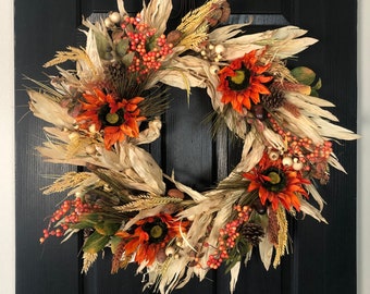 Fall Corn Husk Wreath with Sunflowers, Wheat and Pinecones - Fall Sunflower Wreath - Autumn Wreath - Large Fall Wreath - XL Fall Wreath