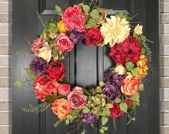 Jewel Tone Floral Wreath For Front Door, Large Floral Wreath, Year Round, Spring or Summer Floral Wreath, Large Wreath, Colorful Wreath