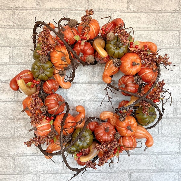 Fall Gourd Wreath for Front Door, Autumn Wreath for Front Door, Fall Leaves, Autumn Foliage, Gourds, Pumpkins, Harvest Wreath, Fall Decor