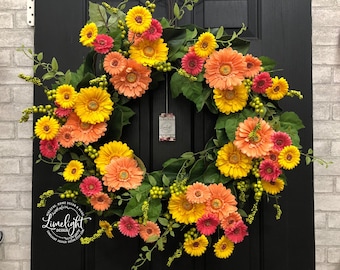 Spring Daisy Wreath for Front Door, Colorful Door Wreaths for Summer with Gerbera Daisies, Front Door Wreath for Spring, Large Wreaths