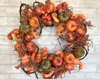 Fall Gourd Wreath for Front Door, Autumn Wreath for Front Door, Fall Leaves, Autumn Foliage, Gourds, Pumpkins, Harvest Wreath, Fall Decor