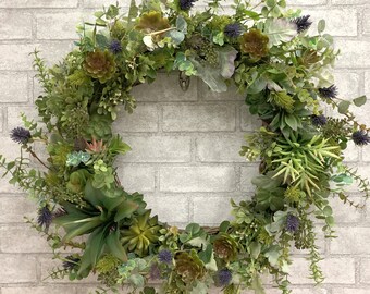 Artificial Succulent Wreath with Eucalyptus & Thistle - Large Wreath for Front Door - Spring Wreath - Summer Wreath - Succulents