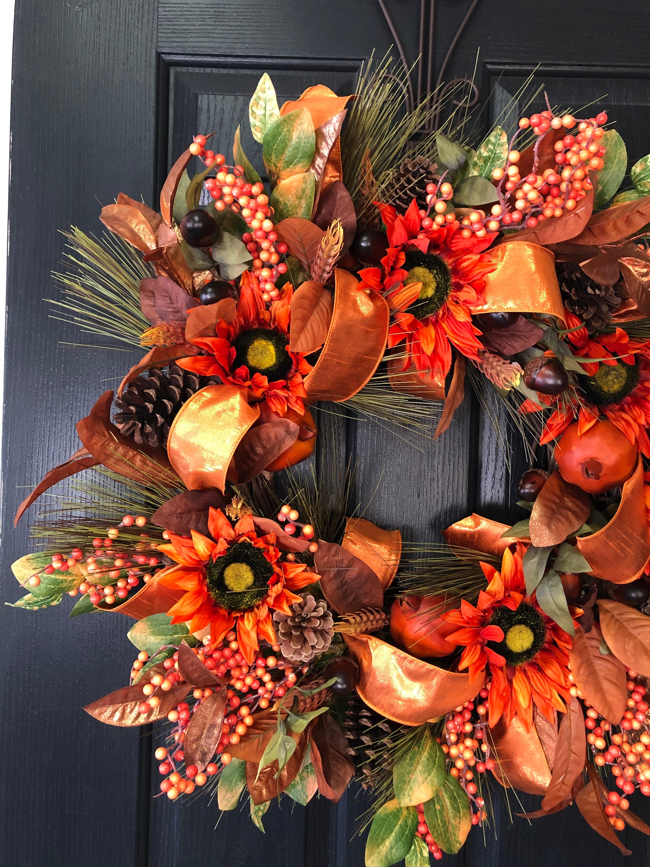 autumn wreathドライフラワーリース Fall Sunflower and Pomegranate Wreath, Fall Wreath for Front Door
