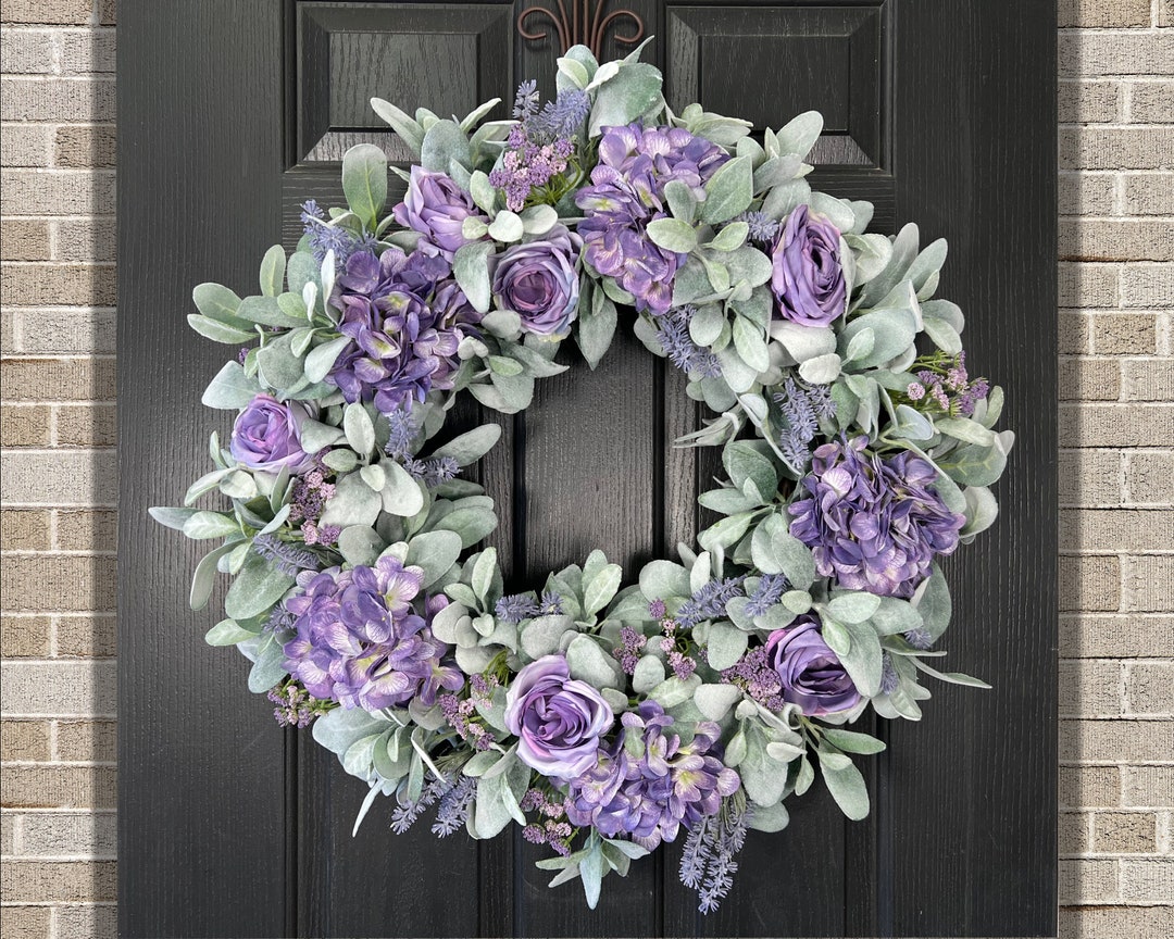 Lambs Ear Wreath With Purple Flowers, Large Spring Wreath for Front ...
