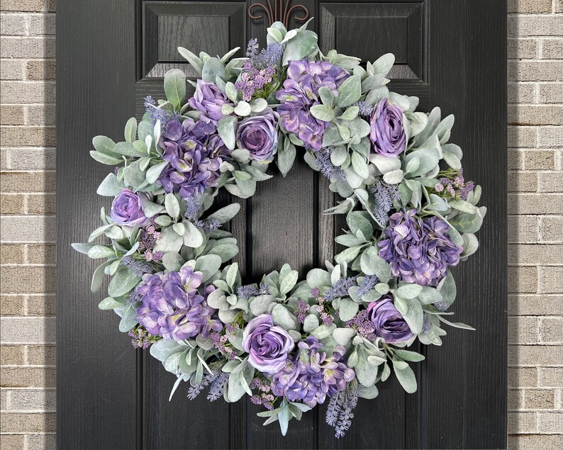 Lambs Ear Wreath With Purple Flowers, Large Spring Wreath for Front ...