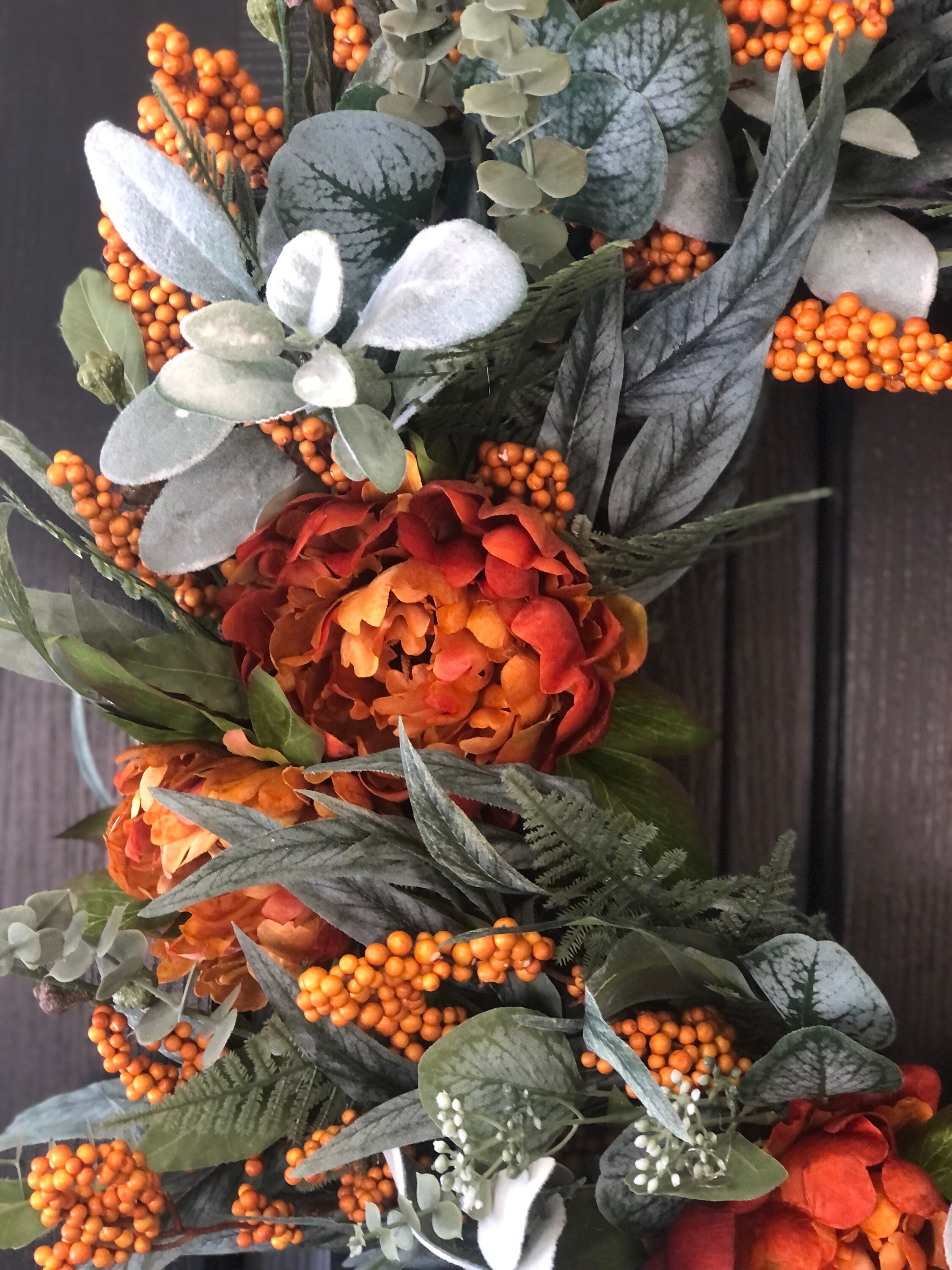 Fall Wreath With Eucalyptus, Lambs Ear, Orange Flowers and Berries ...