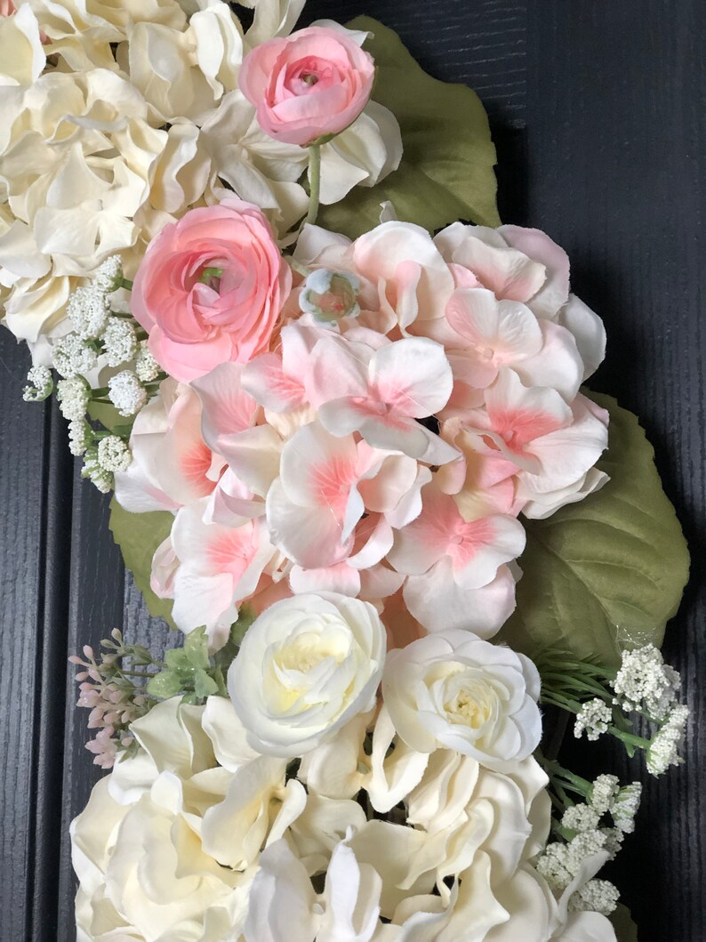 Hydrangea Wreath, Large Spring Wreath for Front Door, Pink and Off-White Hydrangeas, Ranunculus and Greenery Wedding Decorations Bridal image 3