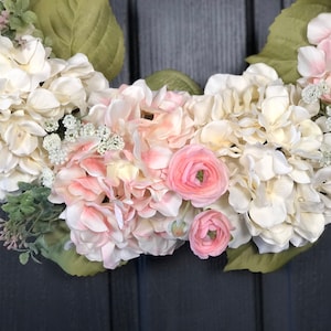 Hydrangea Wreath, Large Spring Wreath for Front Door, Pink and Off-White Hydrangeas, Ranunculus and Greenery Wedding Decorations Bridal image 4