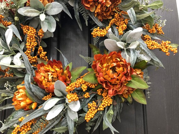 Fall Wreath With Eucalyptus, Lambs Ear, Orange Flowers and Berries