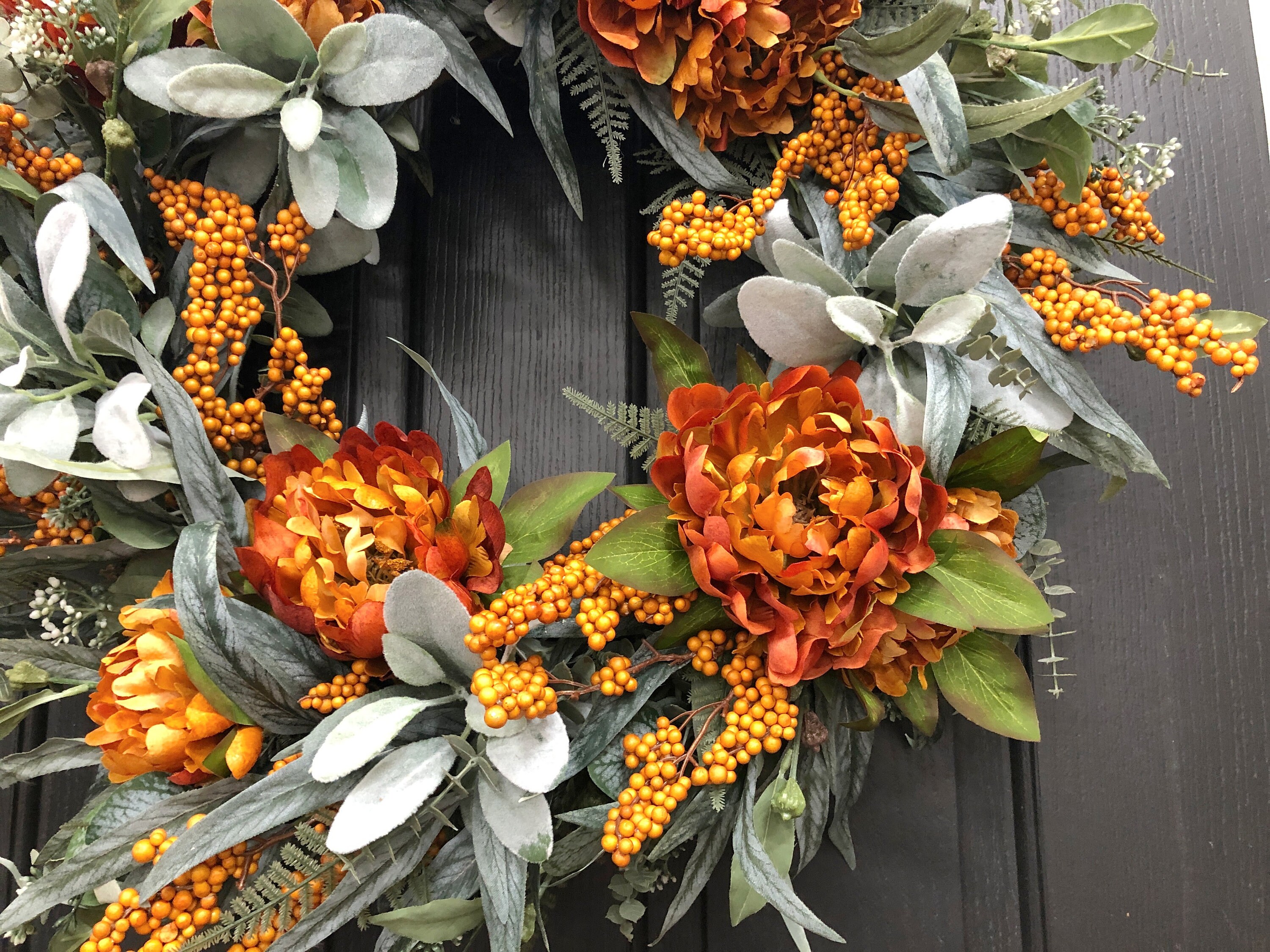 Fall Wreath With Eucalyptus, Lambs Ear, Orange Flowers and Berries ...