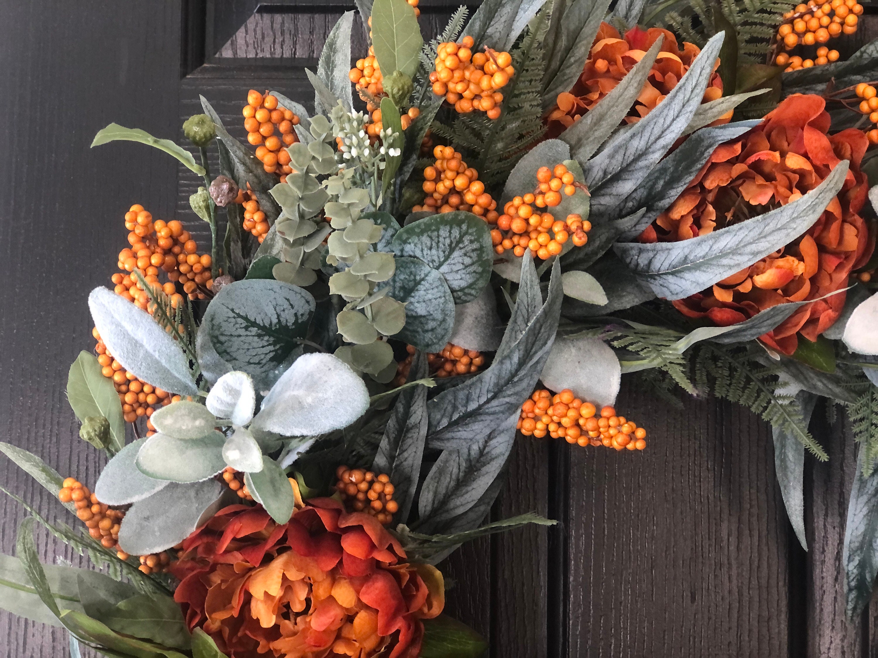 Fall Wreath With Eucalyptus, Lambs Ear, Orange Flowers and Berries ...