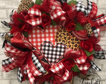 Valentine's Wreath With Heart Sign - Poly Burlap Deco Mesh - Red Roses - Buffalo Check & Cheetah Ribbon - Leopard Ribbon