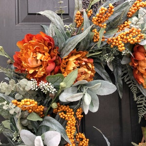 Fall Wreath With Eucalyptus, Lambs Ear, Orange Flowers and Berries ...