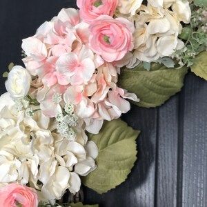 Hydrangea Wreath, Large Spring Wreath for Front Door, Pink and Off-White Hydrangeas, Ranunculus and Greenery Wedding Decorations Bridal image 6