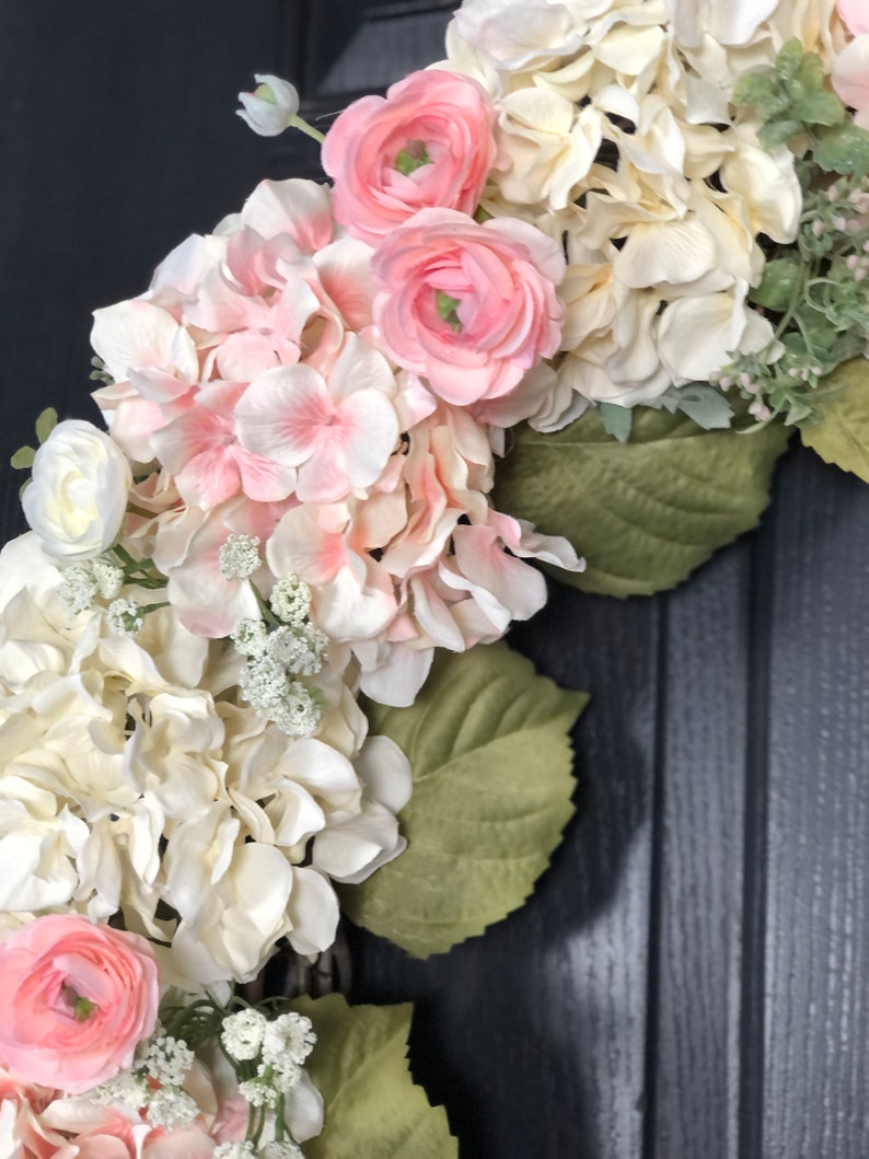 Hydrangea Wreath, Large Spring Wreath for Front Door, Pink and Off-White Hydrangeas, Ranunculus and Greenery Wedding Decorations Bridal image 6