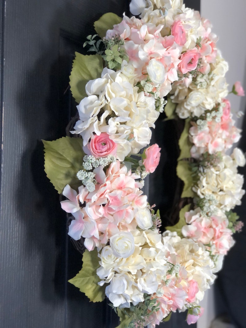 Hydrangea Wreath, Large Spring Wreath for Front Door, Pink and Off-White Hydrangeas, Ranunculus and Greenery Wedding Decorations Bridal image 5