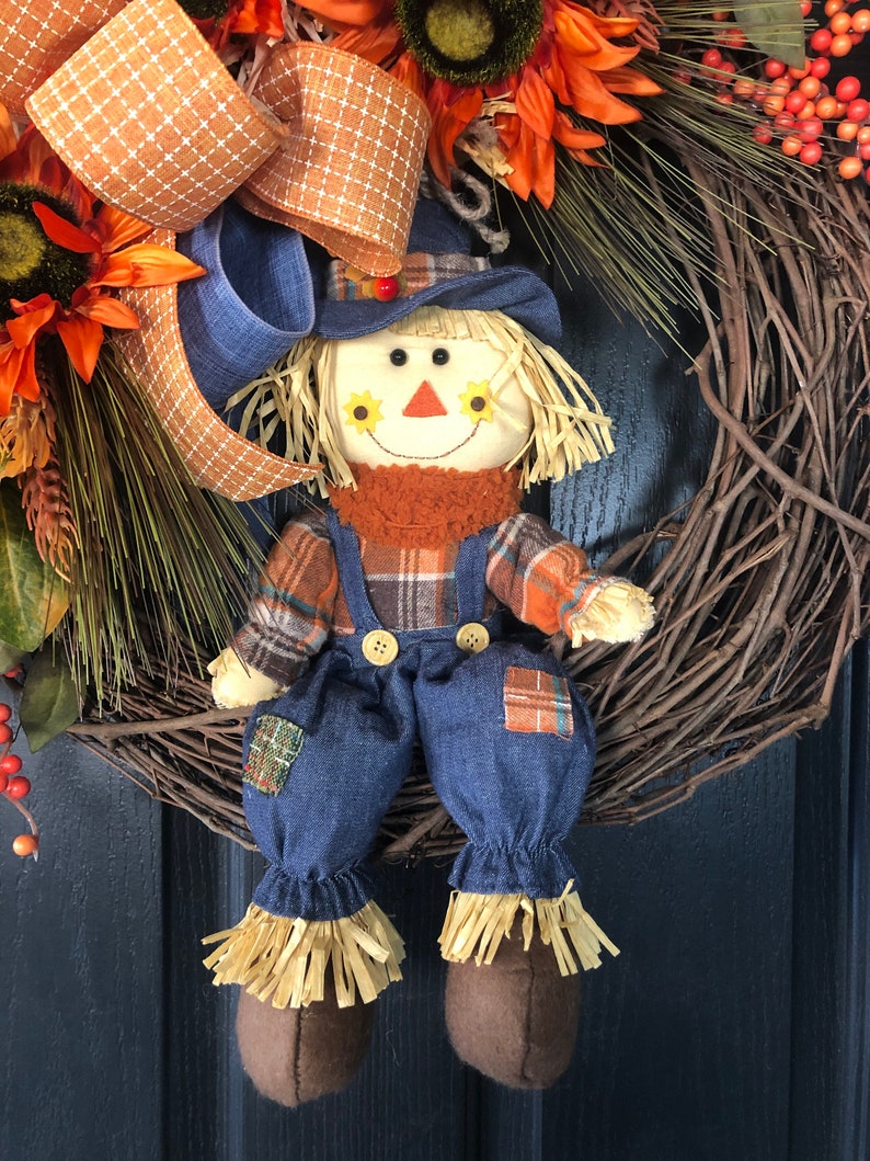 Scarecrow Wreath For Front Door, Fall Wreath For Front Door, Fall Sunflower Wreath, Large Fall Wreath, Large Autumn Wreath image 2