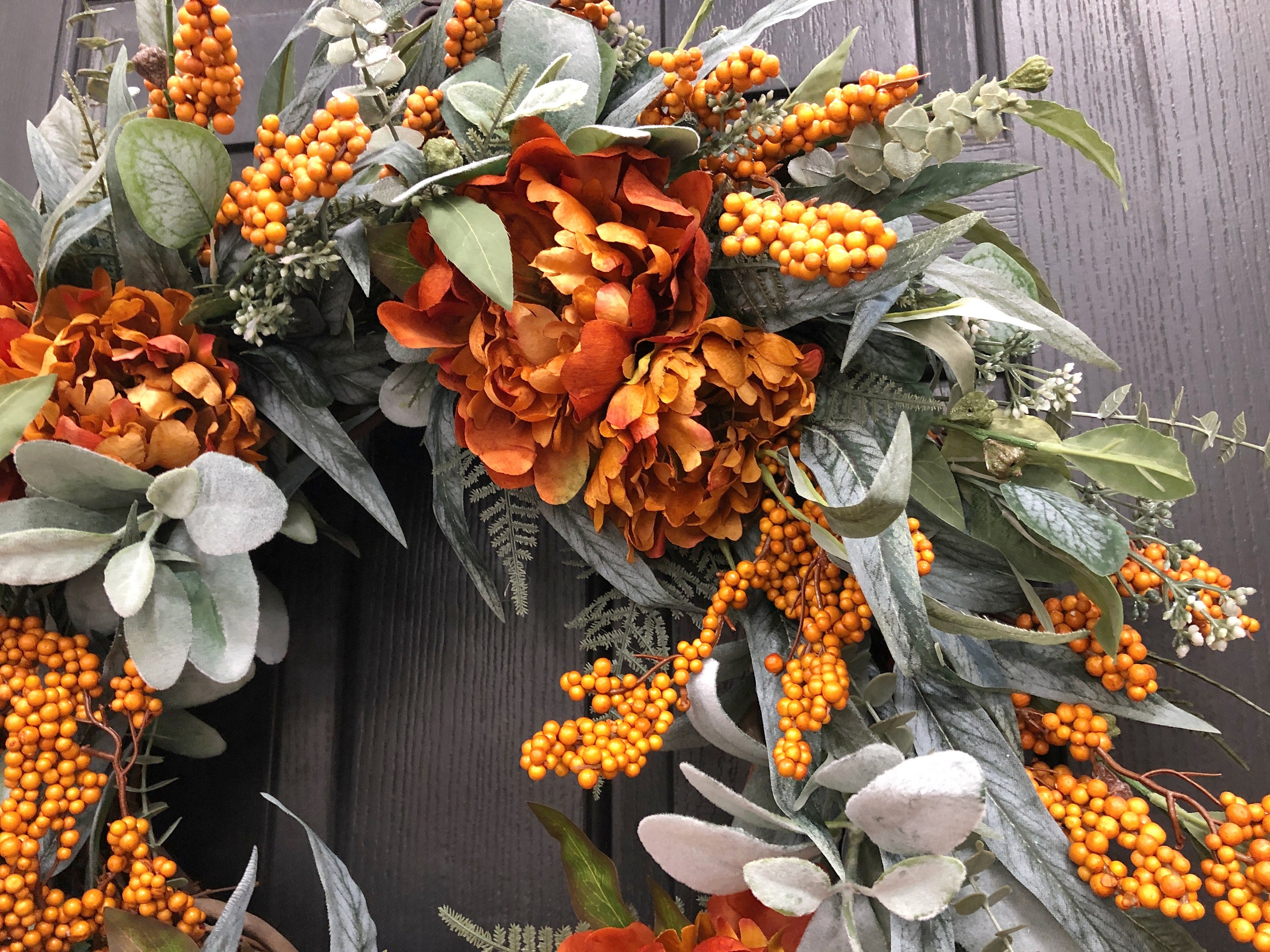 Fall Wreath With Eucalyptus, Lambs Ear, Orange Flowers and Berries ...