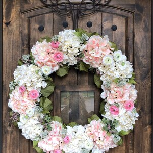 Hydrangea Wreath, Large Spring Wreath for Front Door, Pink and Off-White Hydrangeas, Ranunculus and Greenery Wedding Decorations Bridal image 9