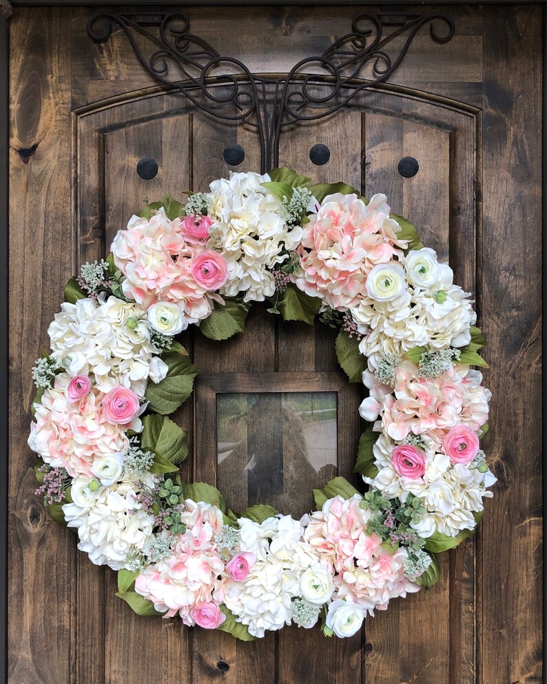 Hydrangea Wreath, Large Spring Wreath for Front Door, Pink and Off-White Hydrangeas, Ranunculus and Greenery Wedding Decorations Bridal image 9