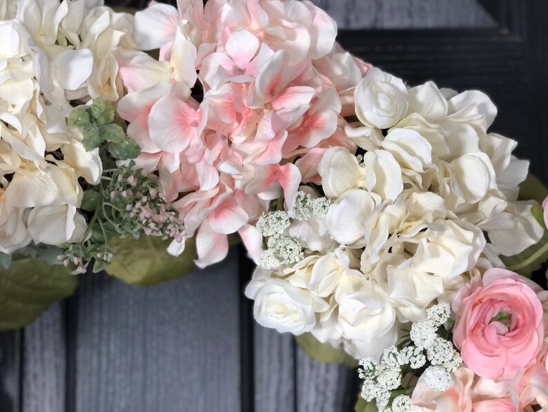 Hydrangea Wreath, Large Spring Wreath for Front Door, Pink and Off-White Hydrangeas, Ranunculus and Greenery Wedding Decorations Bridal image 7