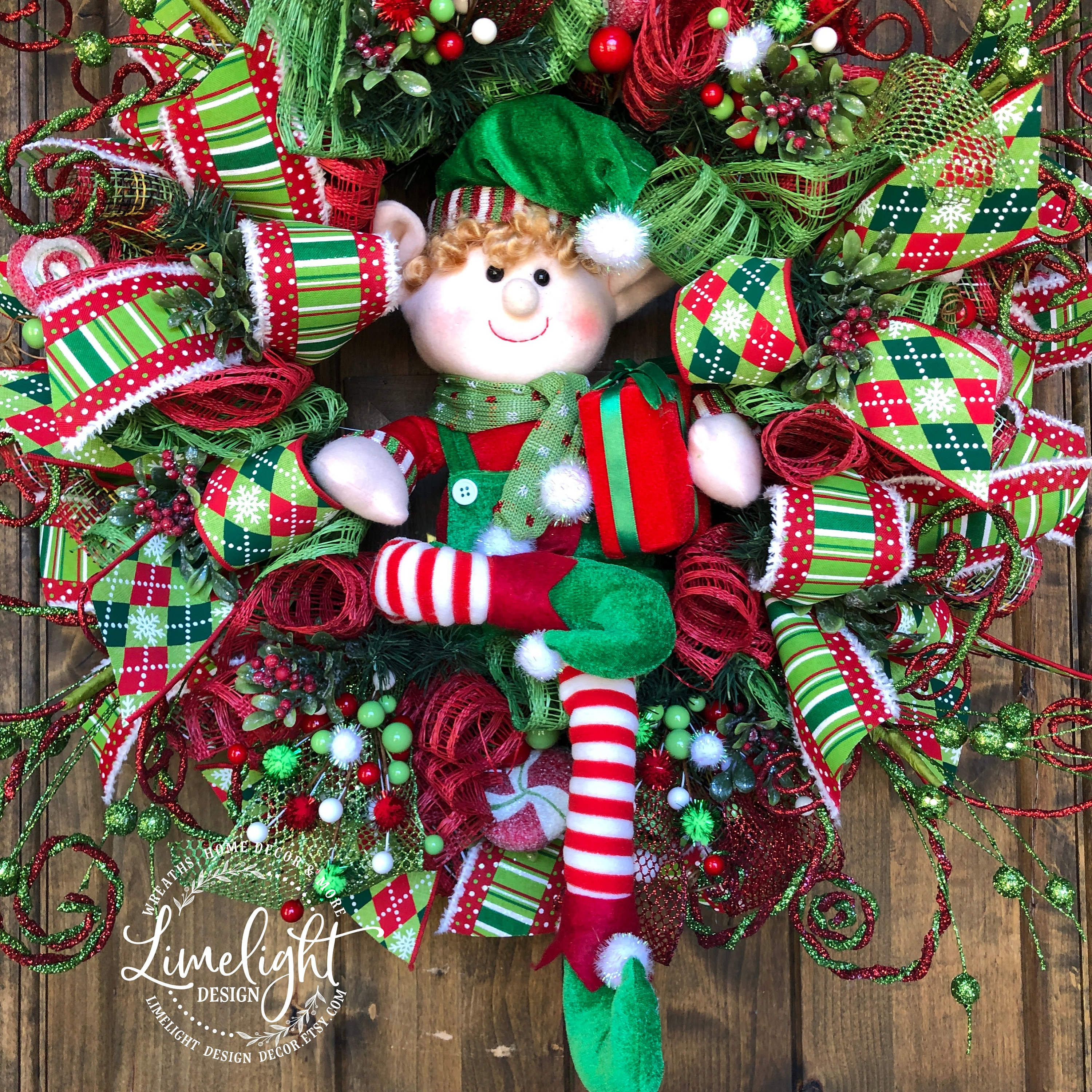 Large Elf Christmas Wreath - Boy Elf - Whimsical Elf Wreath