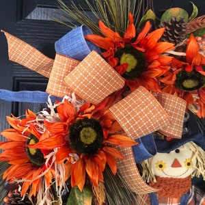 Scarecrow Wreath For Front Door, Fall Wreath For Front Door, Fall Sunflower Wreath, Large Fall Wreath, Large Autumn Wreath image 3