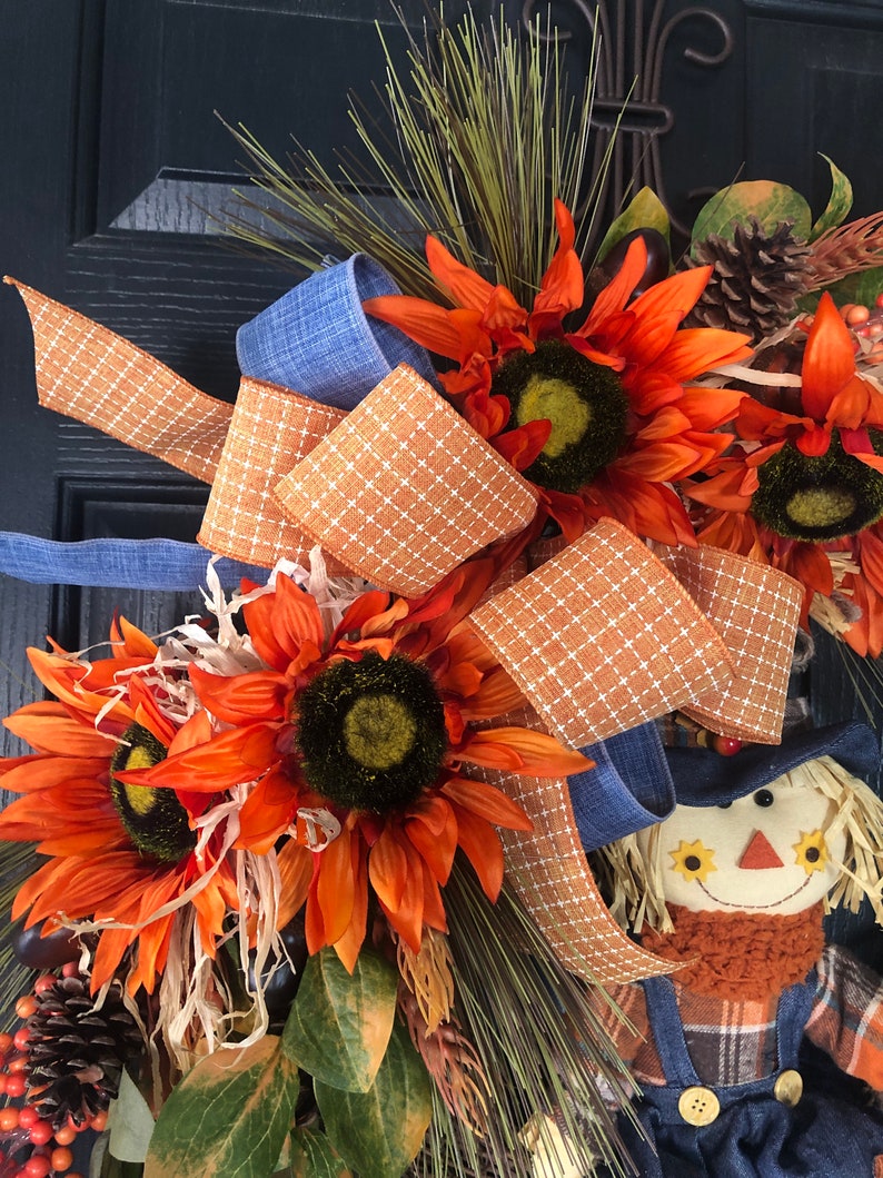 Scarecrow Wreath For Front Door, Fall Wreath For Front Door, Fall Sunflower Wreath, Large Fall Wreath, Large Autumn Wreath image 3