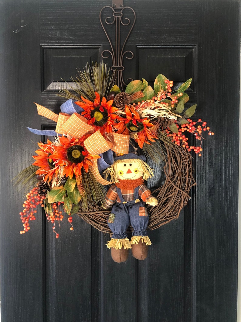 Scarecrow Wreath For Front Door, Fall Wreath For Front Door, Fall Sunflower Wreath, Large Fall Wreath, Large Autumn Wreath image 1