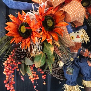 Scarecrow Wreath For Front Door, Fall Wreath For Front Door, Fall Sunflower Wreath, Large Fall Wreath, Large Autumn Wreath image 4