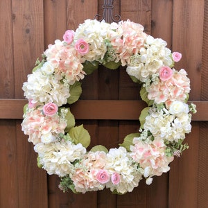 Hydrangea Wreath, Large Spring Wreath for Front Door, Pink and Off-White Hydrangeas, Ranunculus and Greenery Wedding Decorations Bridal image 8