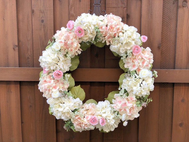 Hydrangea Wreath, Large Spring Wreath for Front Door, Pink and Off-White Hydrangeas, Ranunculus and Greenery Wedding Decorations Bridal image 8
