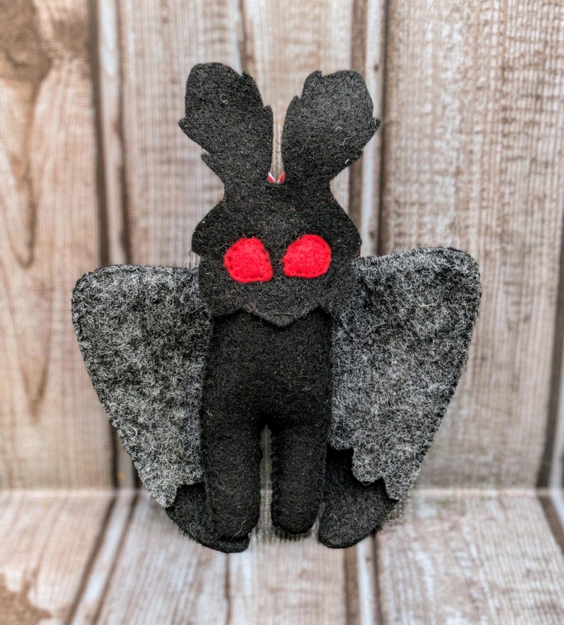 May include: A black felt moth with red eyes and gray wings. The moth is a handmade toy.