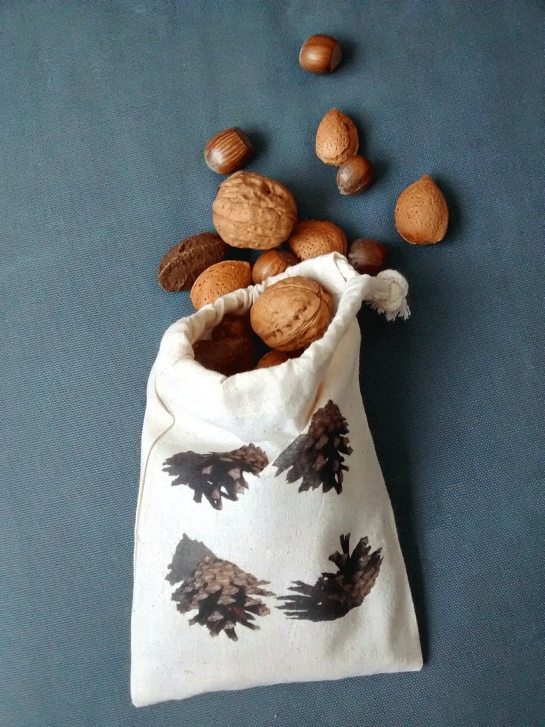 eco friendly cotton gift bag from Fairtrade factory water based photographic print Pine cone drawstring bag forest print Autumn print